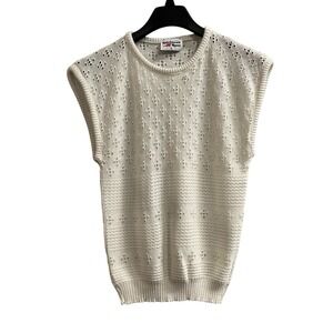 Vintage Adrianne Ross Sweater Vest Womens L White Crochet Sleeveless Cottagecore